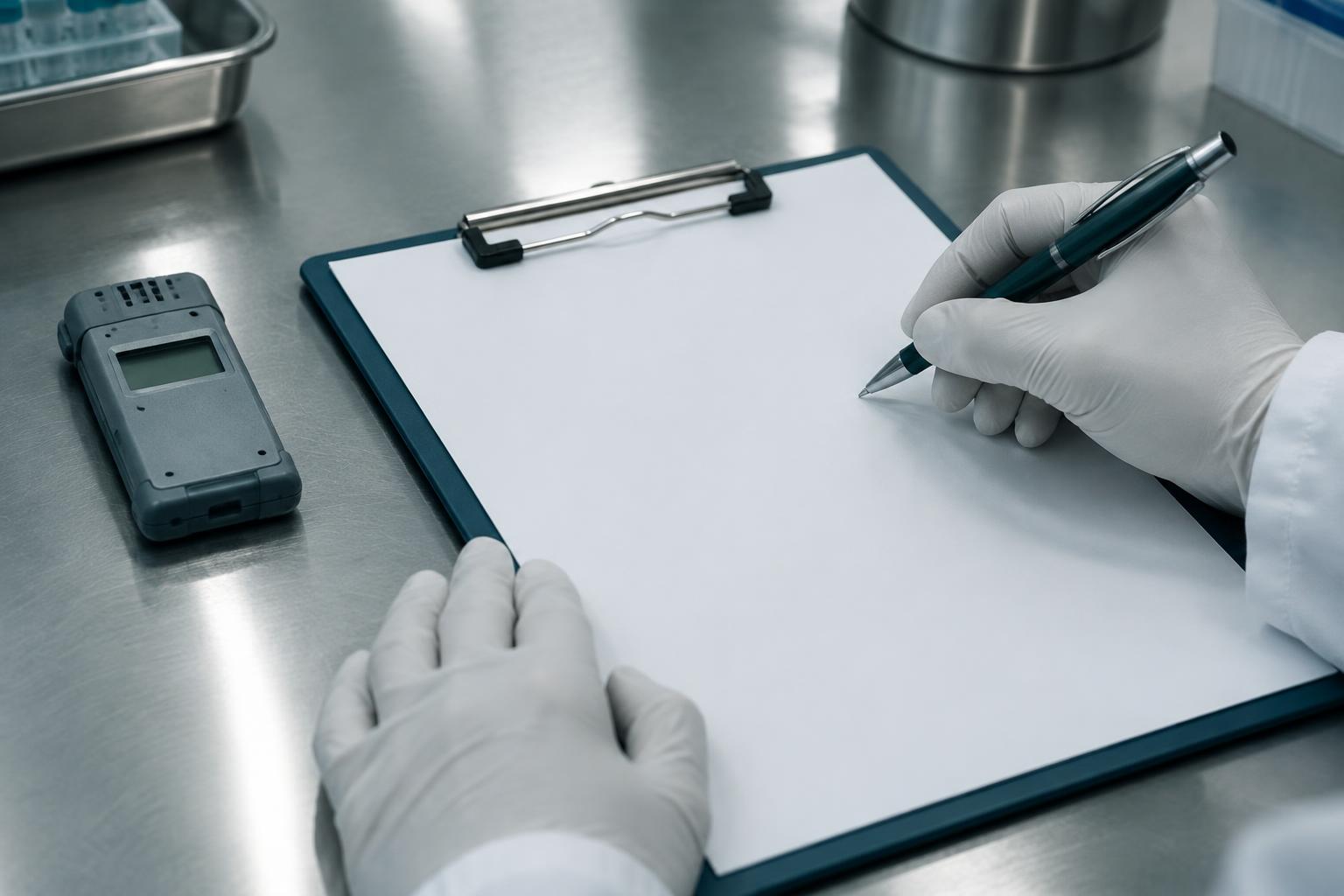 Gloved hands signing a chain-of-custody form on a clipboard beside a handheld temperature logger on a stainless steel lab counter.