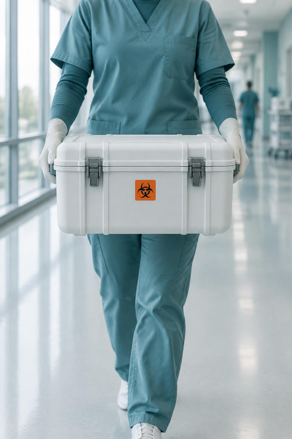 A medical courier in teal scrubs and gloves carrying a sealed hard-shell transport case with a biohazard label through a hospital corridor.