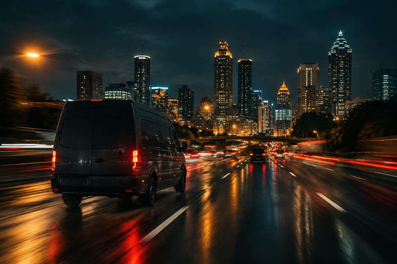 A courier van on an Atlanta highway at night with the city skyline ahead and long streaks of tail light.