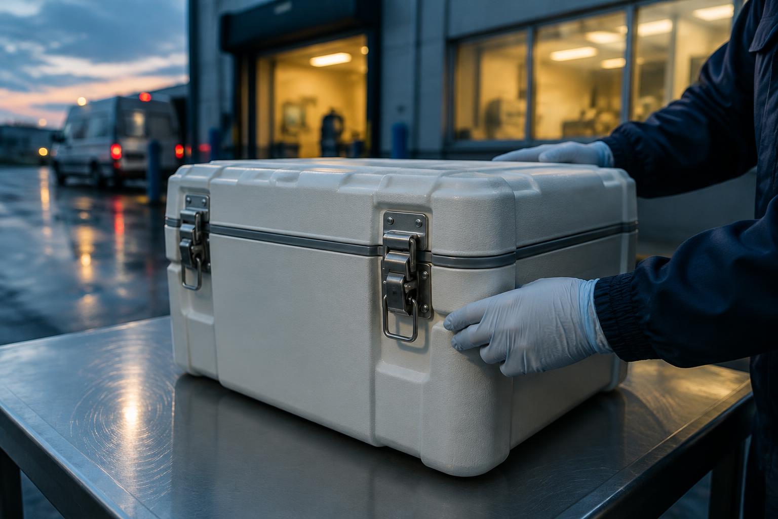 A gloved hand on the latch of a sealed temperature-controlled medical transport container at dusk.